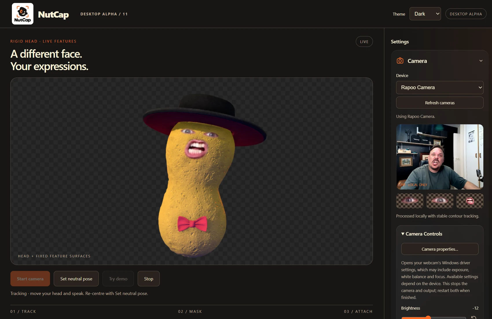 NutCap desktop app showing camera capture, the peanut character and creative controls